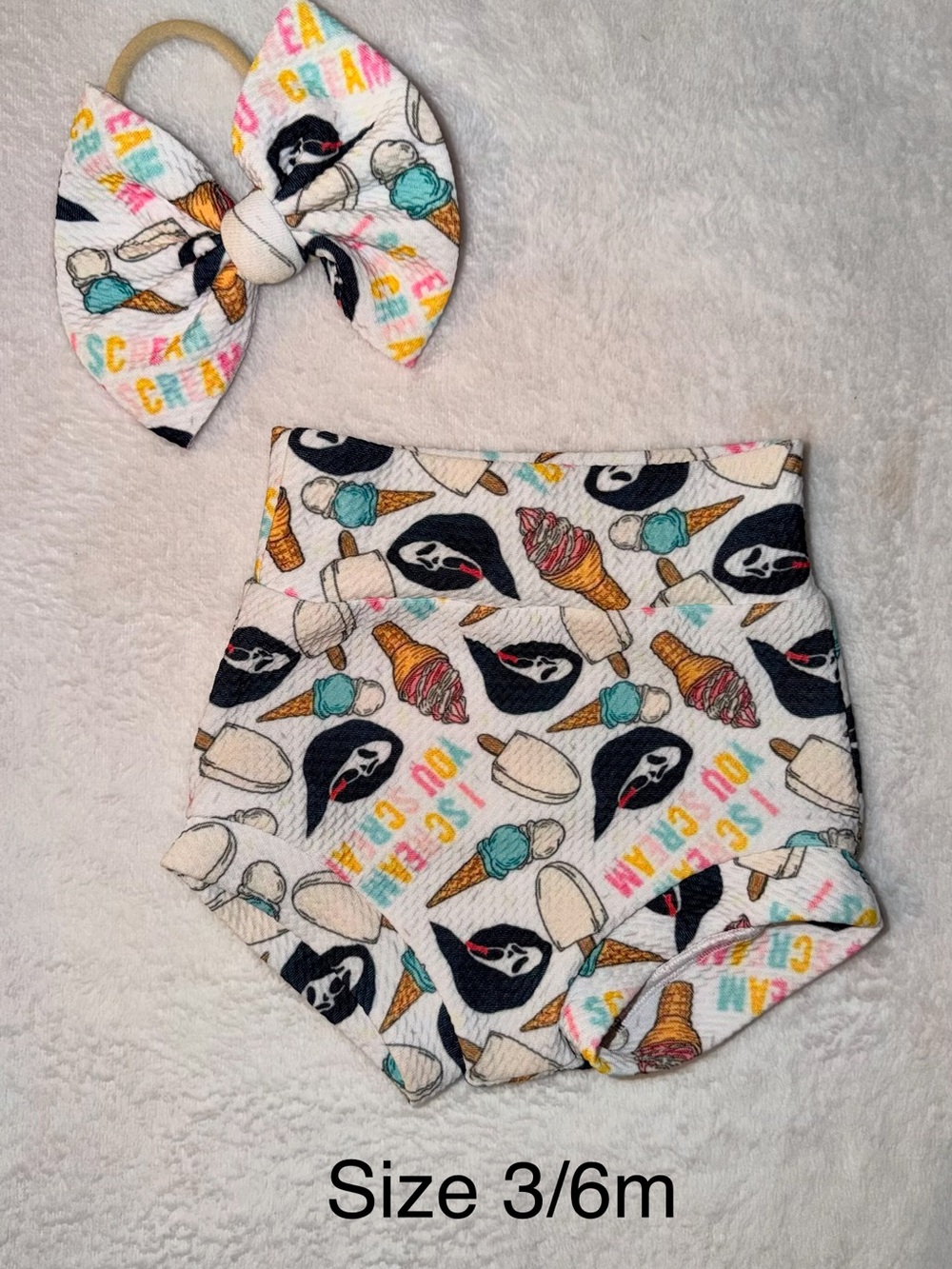 Handmade Ghostface I Scream Print Baby Bloomers & Bow Set